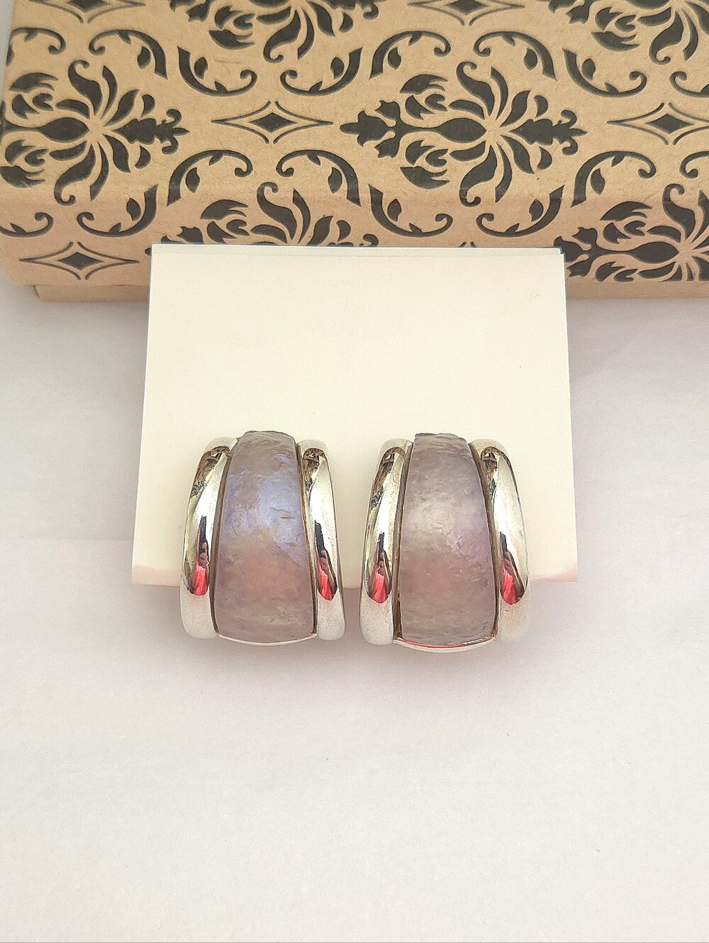 Vintage Silver Blue & Purple Iridescent Textured Resin Hoop Earrings Clip On